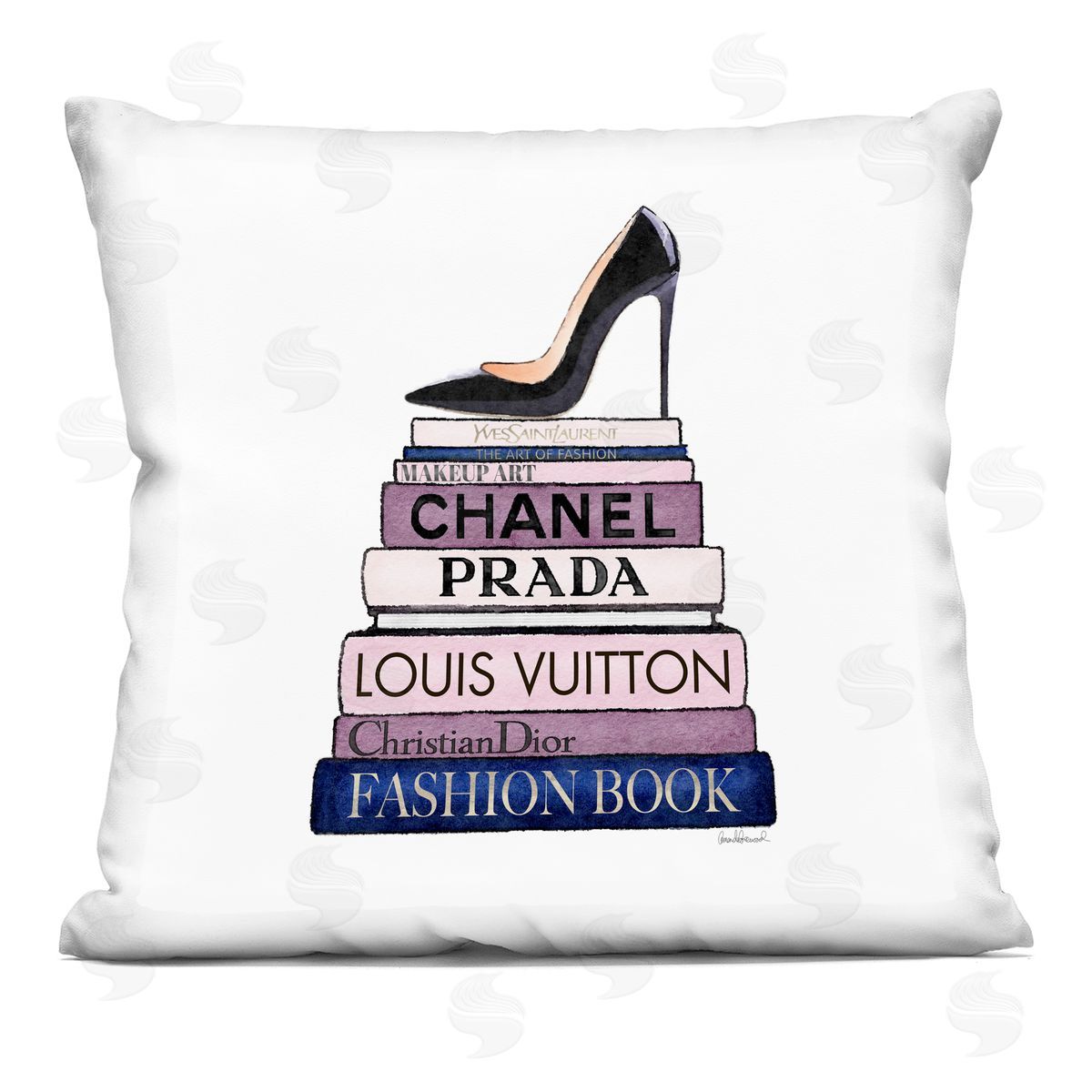 Chic Black High Heel Stacked Fashion Books Decorative Printed Pillow, Home Decor by Amanda Greenwood