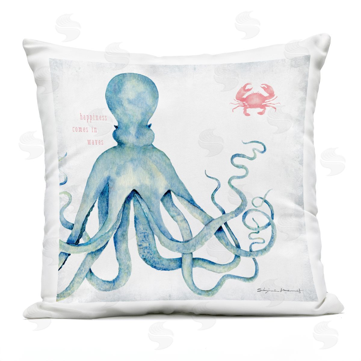 Happiness Comes In Waves Marine Animals Phrase Outdoor Printed Pillow, Home Decor by Stephanie Workman Marrott