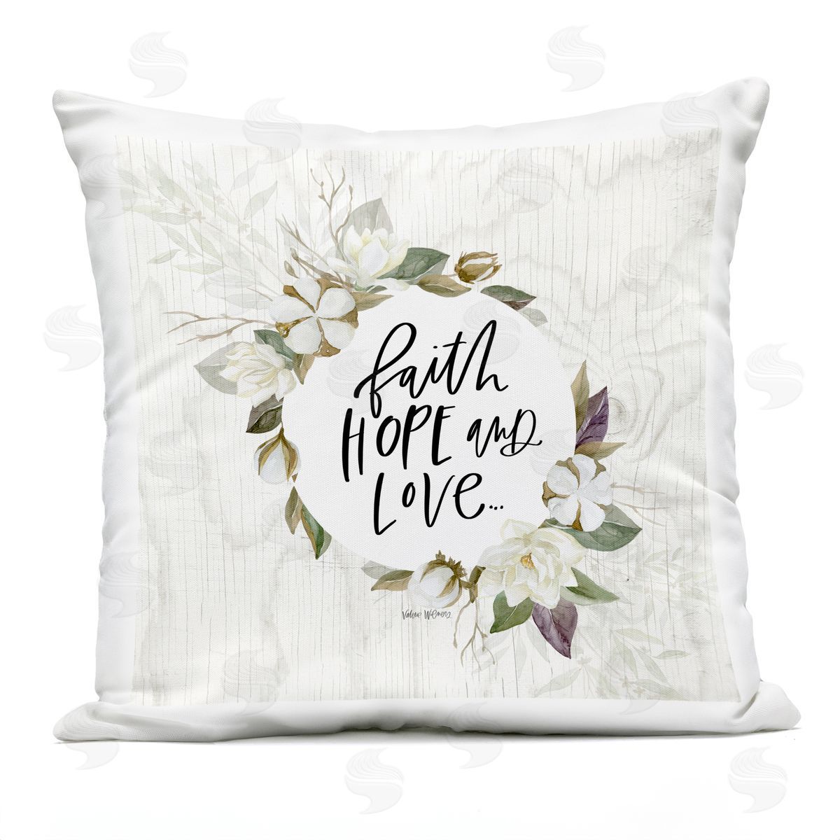 Faith Hope Love White Floral Wreath Sentiment Outdoor Printed Pillow, Home Decor by Valerie Wieners