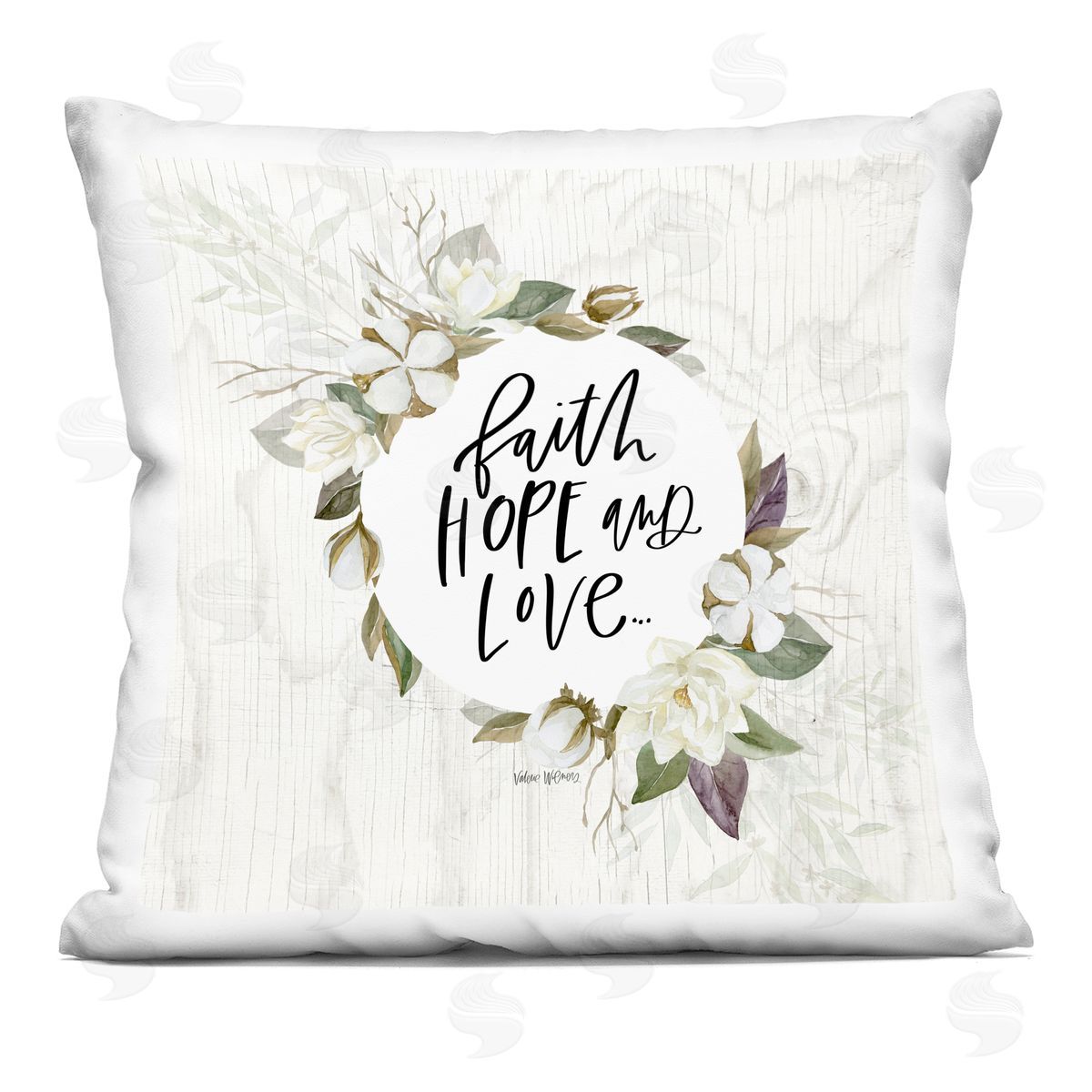 Faith Hope Love White Floral Wreath Sentiment Decorative Printed Pillow, Home Decor by Valerie Wieners