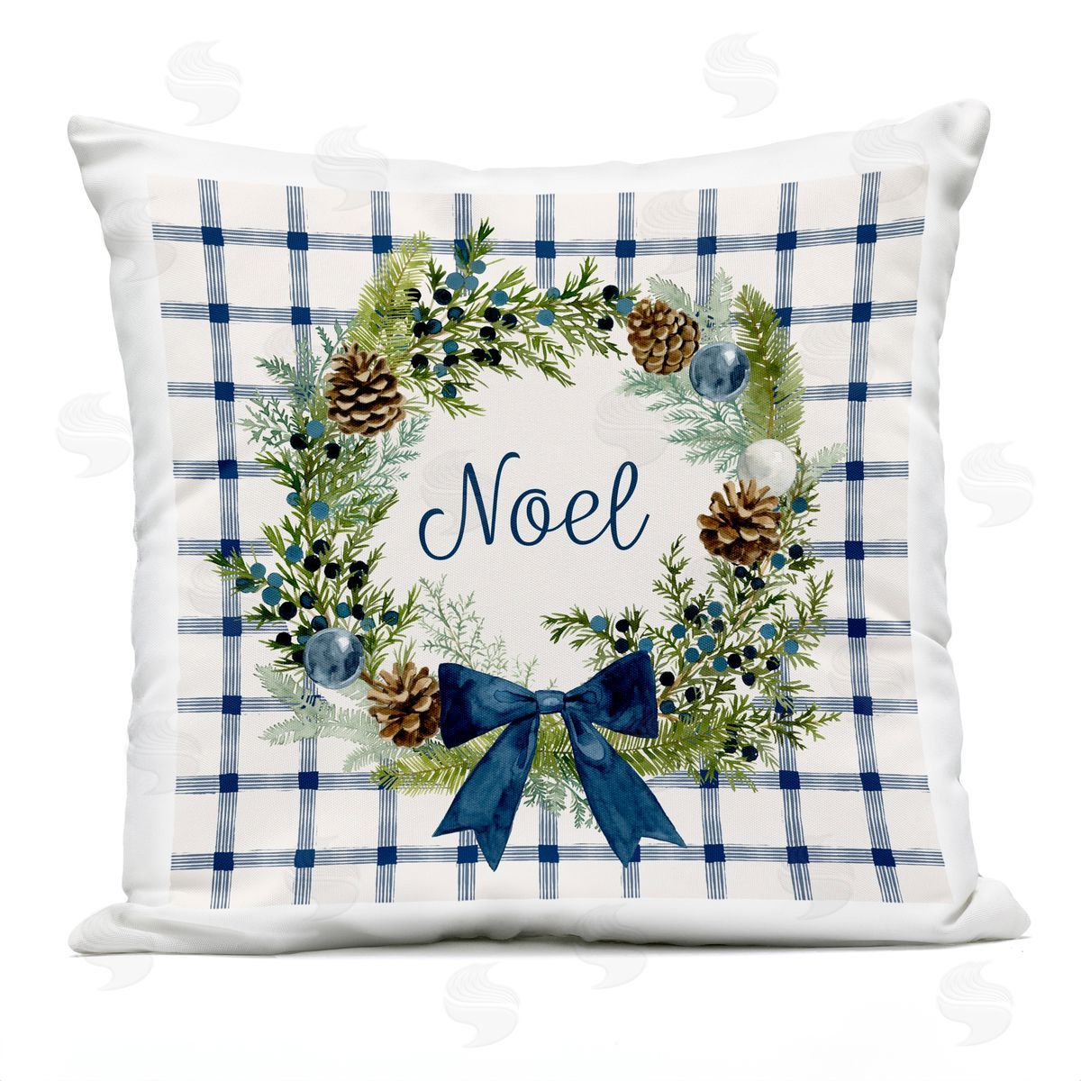 Winter Noel Holiday Plaid Botanical Pinecone Wreath Outdoor Printed Pillow, Home Decor by Victoria Barnes