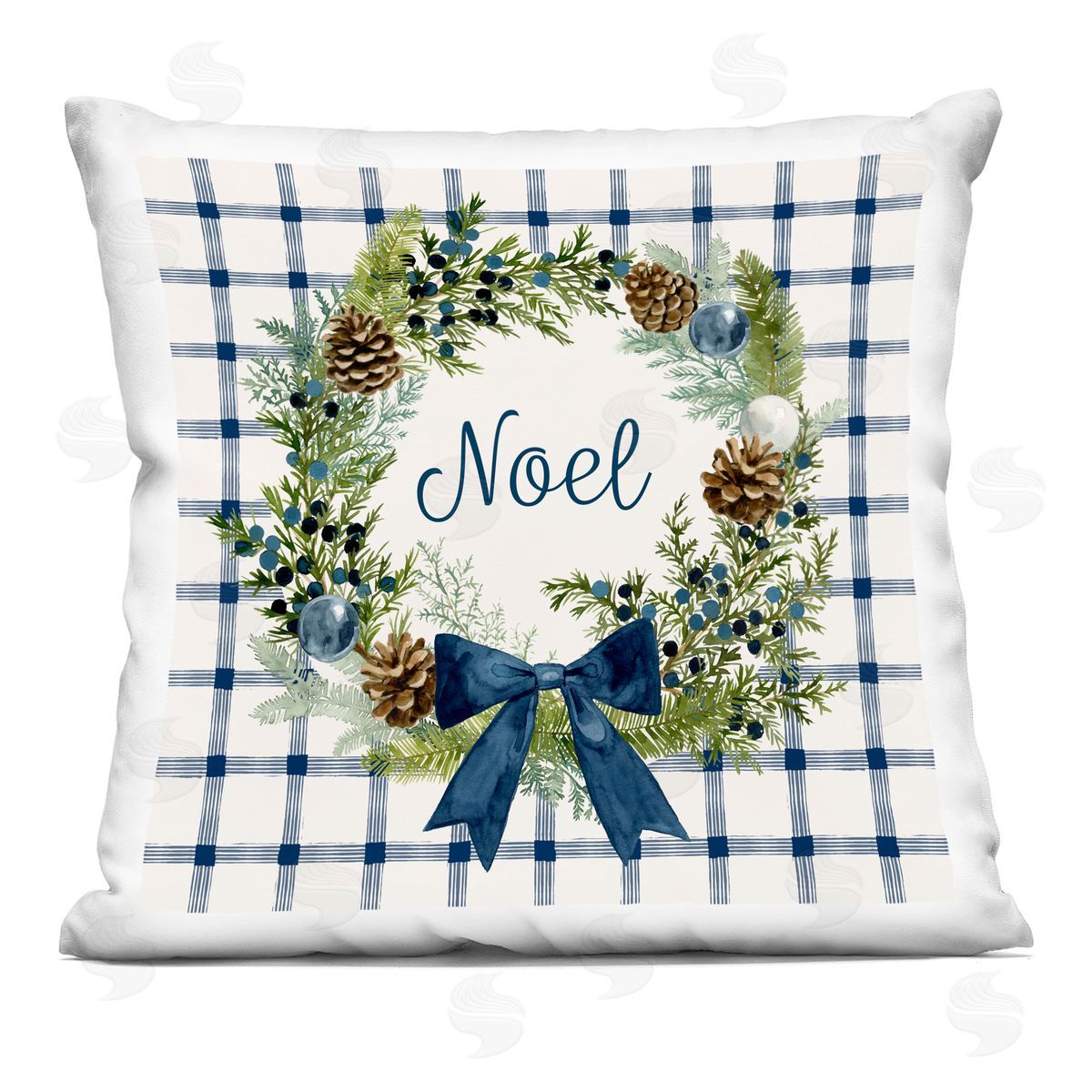 Winter Noel Holiday Plaid Botanical Pinecone Wreath Decorative Printed Pillow, Home Decor by Victoria Barnes