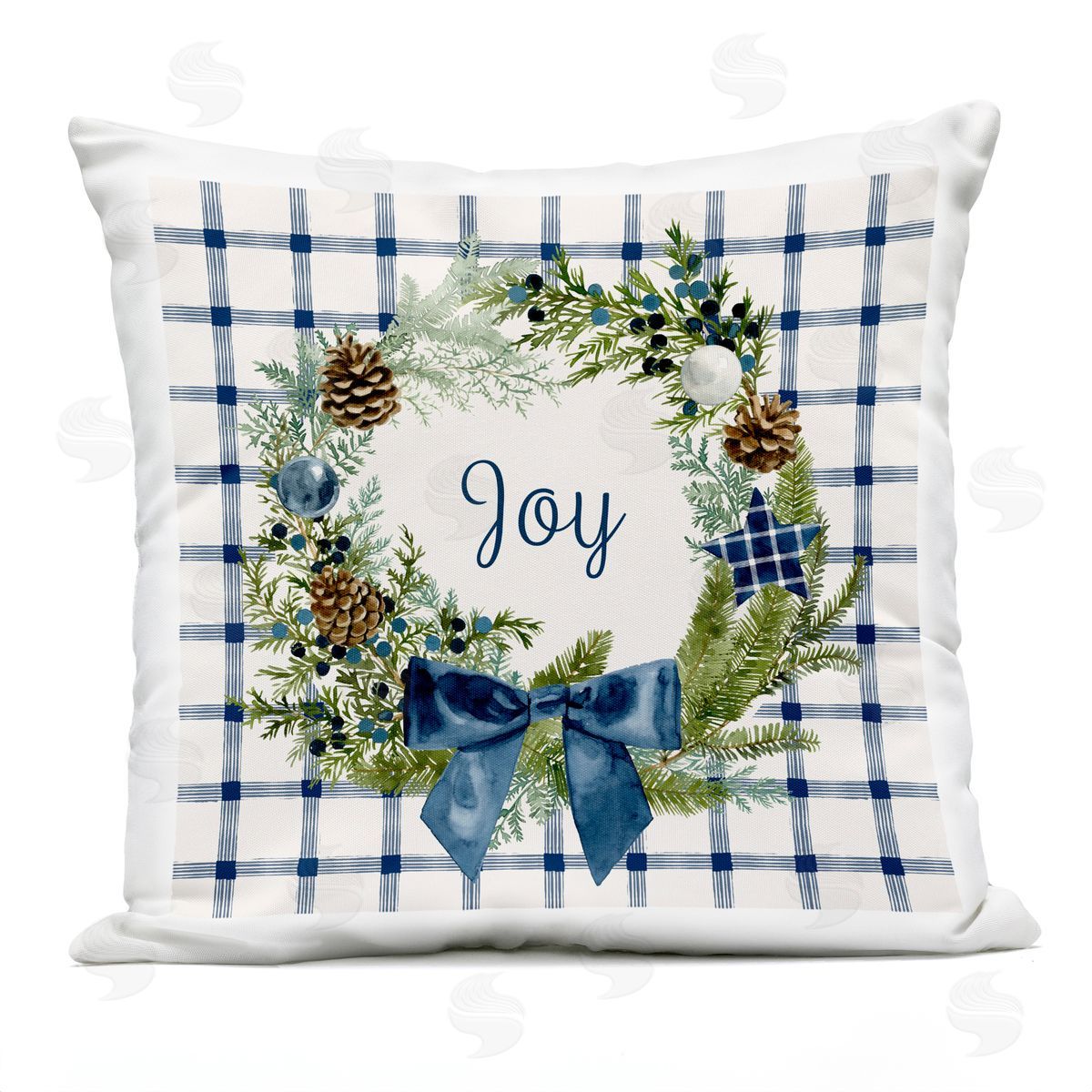 Holiday Tartan Joy Phrase Pinecone Wreath Outdoor Printed Pillow, Home Decor by Victoria Barnes