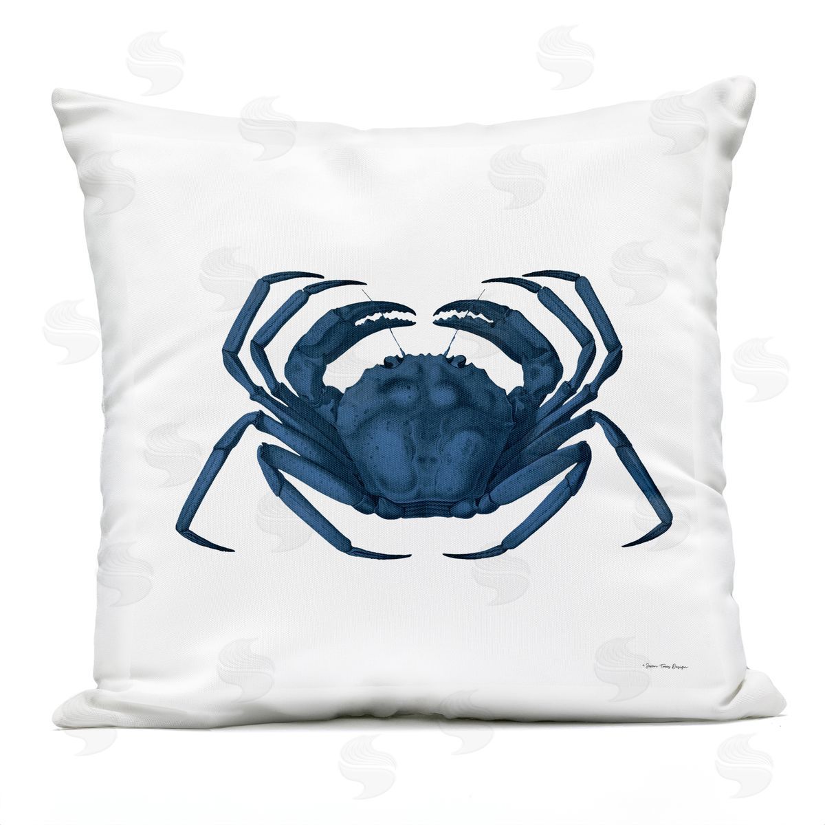 Casual Deep Blue Crab Marine Beach Life Outdoor Printed Pillow, Home Decor by Seven Trees Design