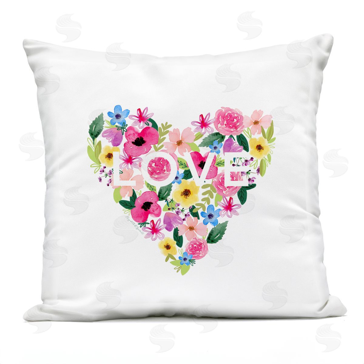 Vivid Floral Blossoms Heart Shape Love Text Outdoor Printed Pillow, Home Decor by Elizabeth Tyndall