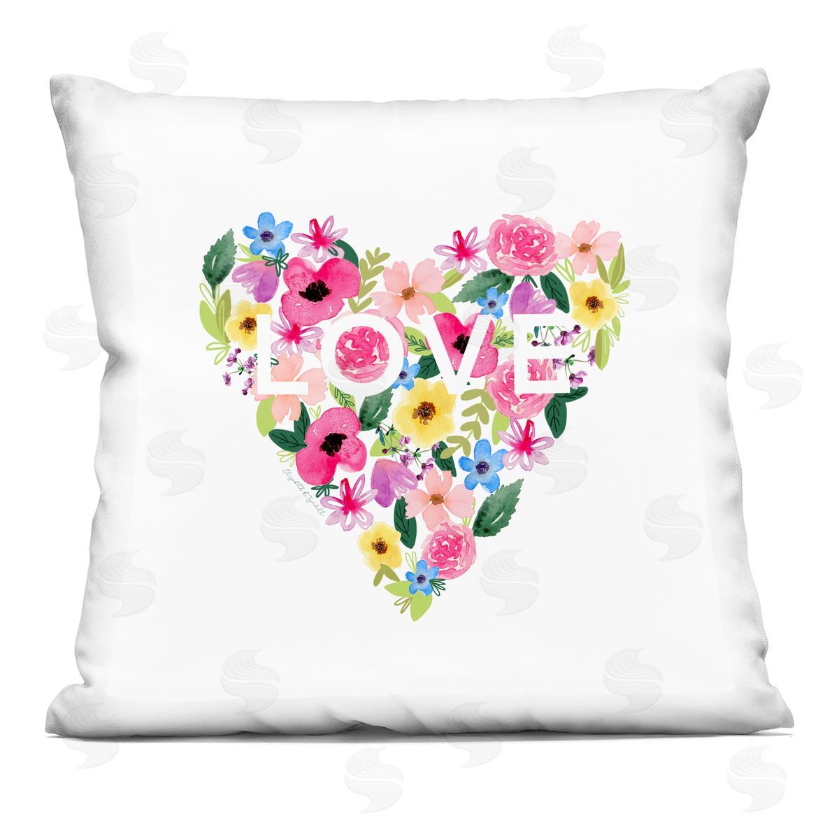 Vivid Floral Blossoms Heart Shape Love Text Decorative Printed Pillow, Home Decor by Elizabeth Tyndall