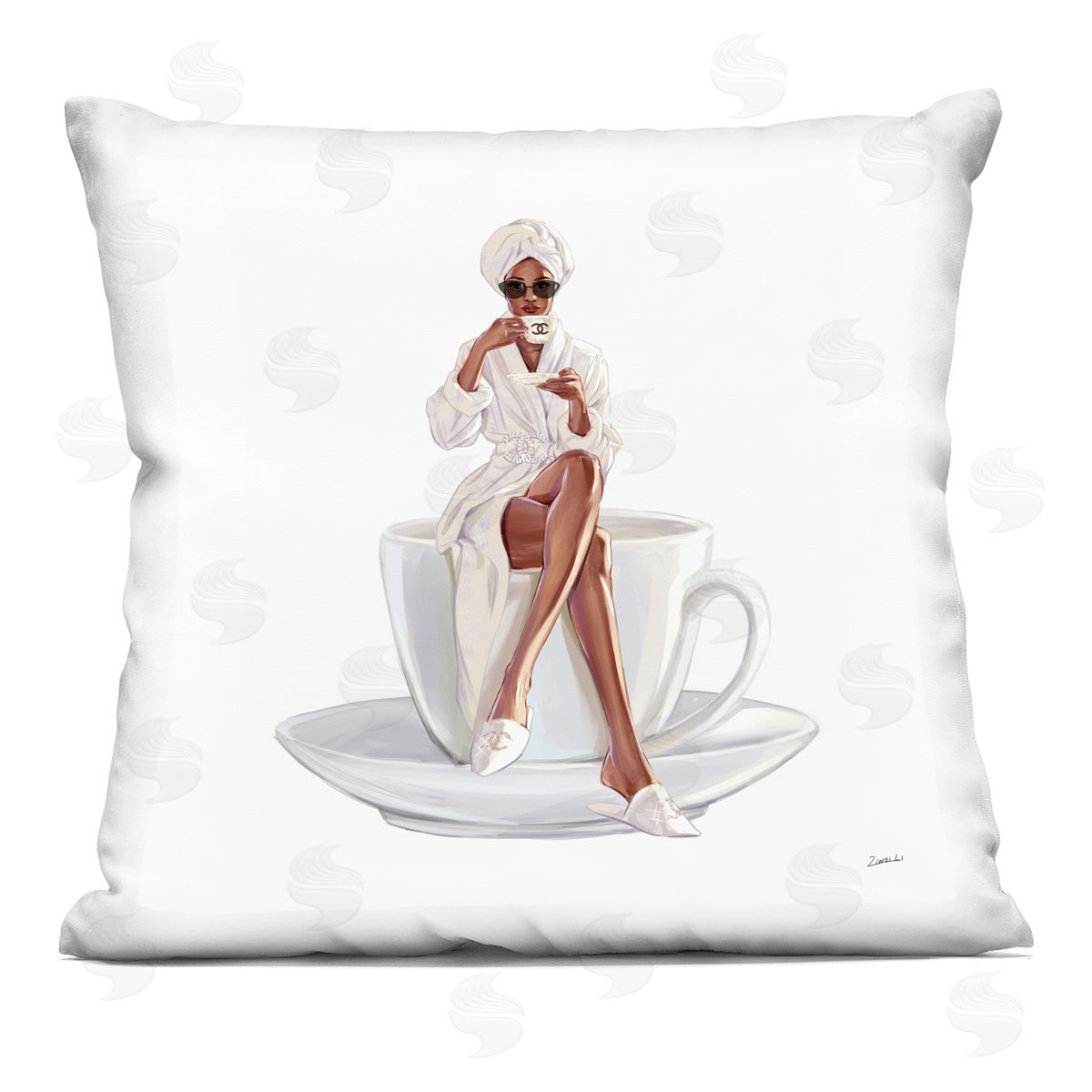 Trendy Coffee Cup Woman Decorative Printed Pillow, Home Decor by Ziwei Li