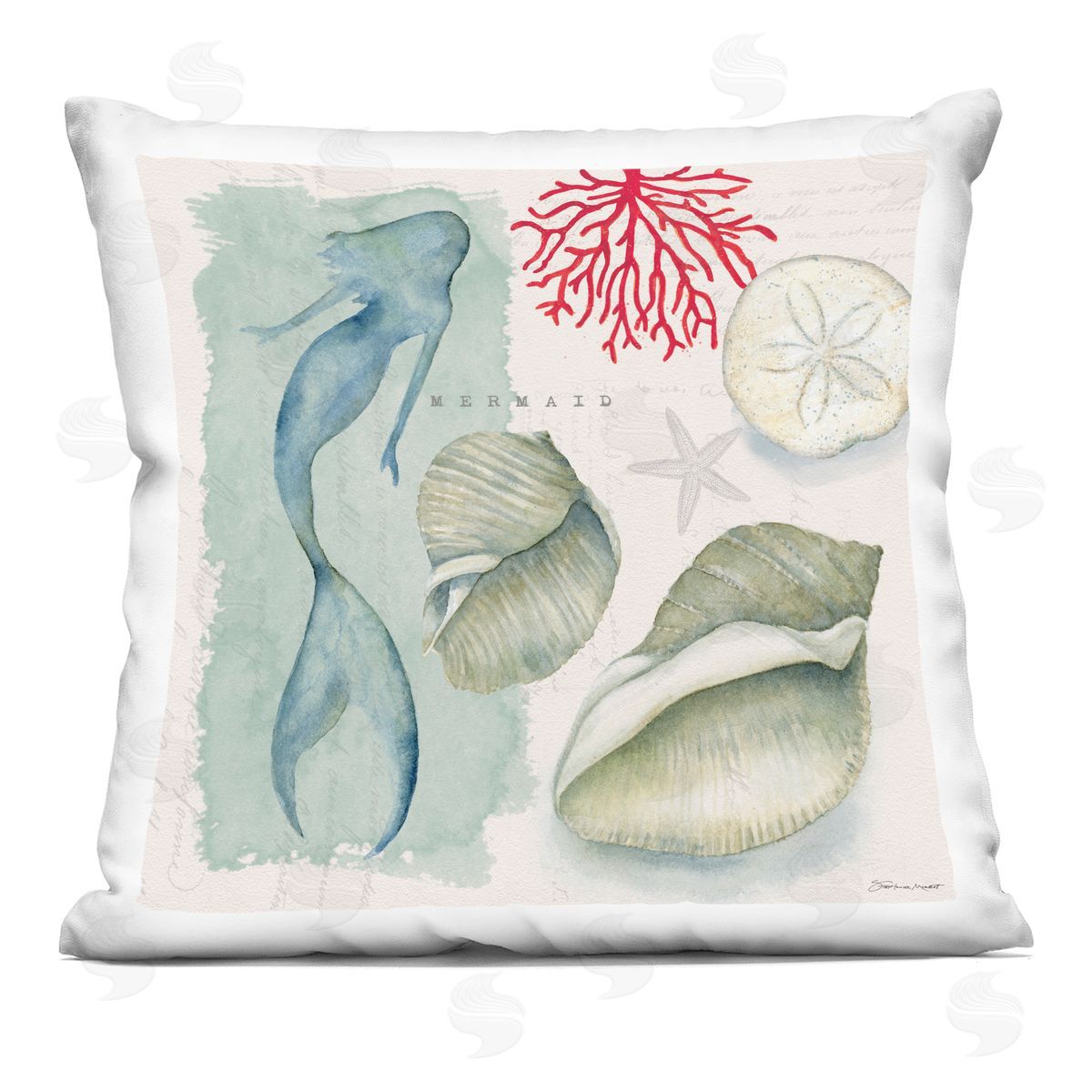 Swimming Mermaid Marine Life Seashells Coral Decorative Printed Pillow, Home Decor by Stephanie Workman Marrott