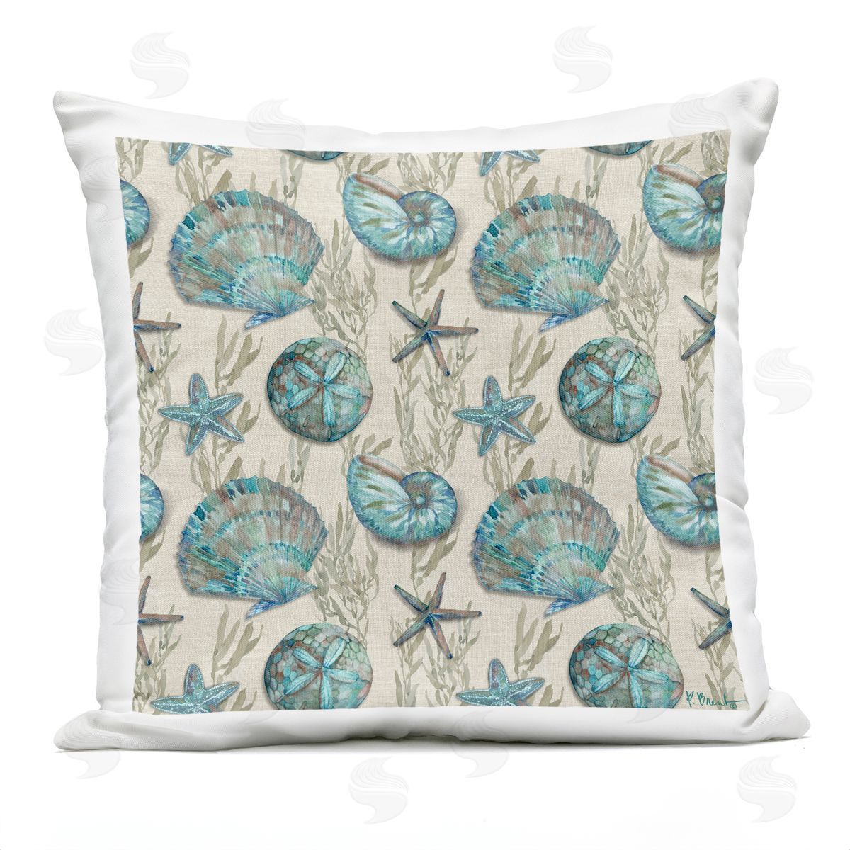 Nautical Coral Sea Shells Pattern Outdoor Printed Pillow, Home Decor by Paul Brent