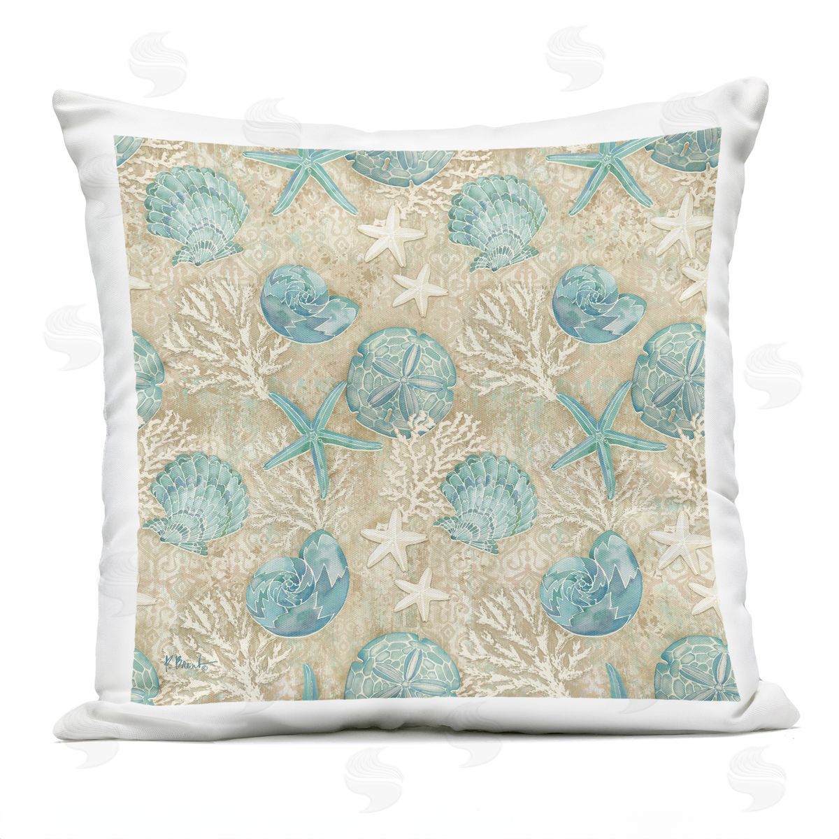 Blue Seashells Coral Pattern Outdoor Printed Pillow, Home Decor by Paul Brent