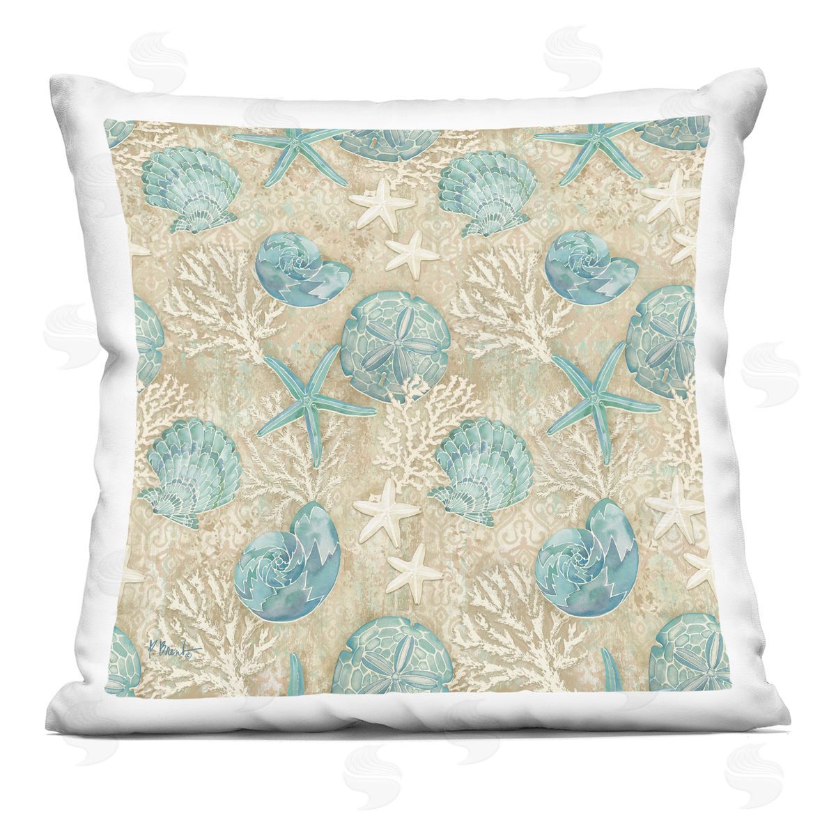 Blue Seashells Coral Pattern Decorative Printed Pillow, Home Decor by Paul Brent