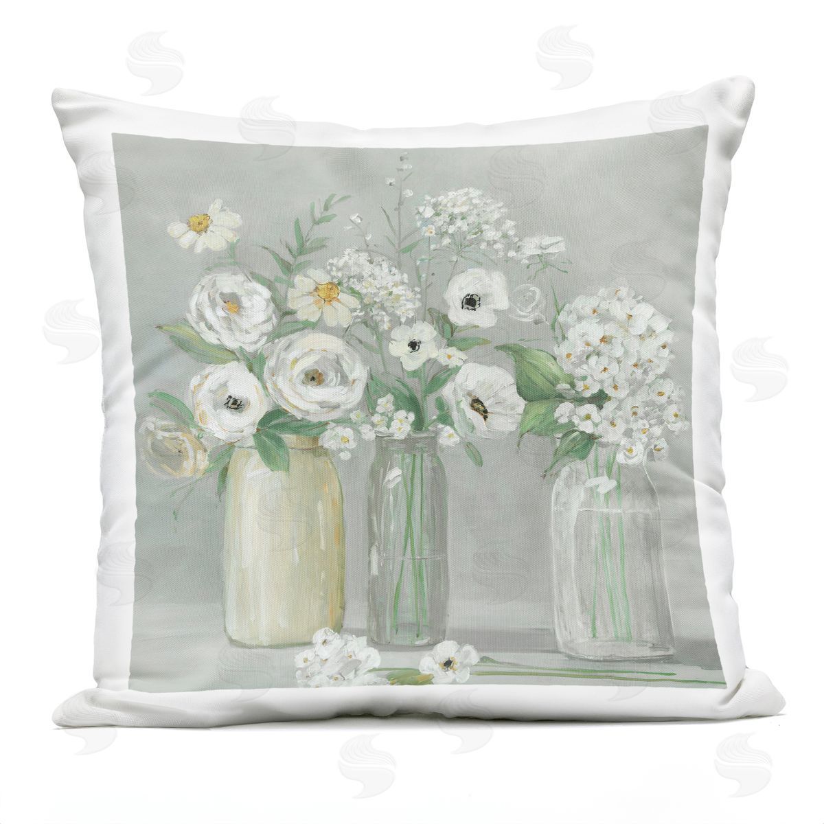Mixed White Flower Bouquets Outdoor Printed Pillow, Home Decor by Sally Swatland