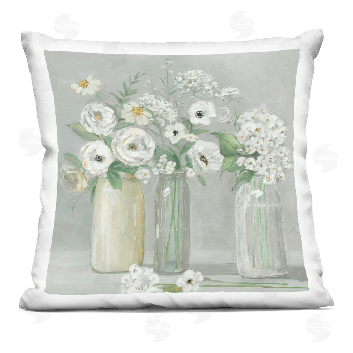 Mixed White Flower Bouquets Decorative Printed Pillow, Home Decor by Sally Swatland