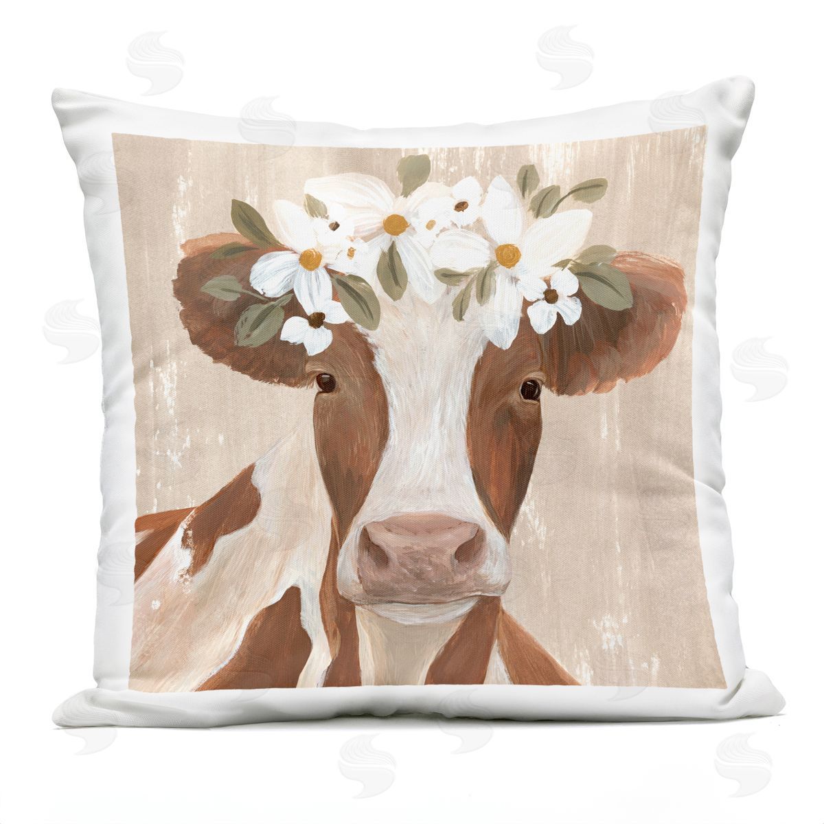 Brown Country Cow Flowers Outdoor Printed Pillow, Home Decor by Annie Warren