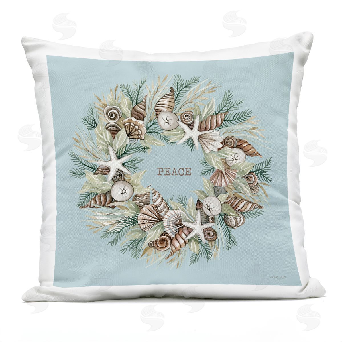 Peace Sea Life Pine Wreath Outdoor Printed Pillow, Home Decor by Cindy Jacobs