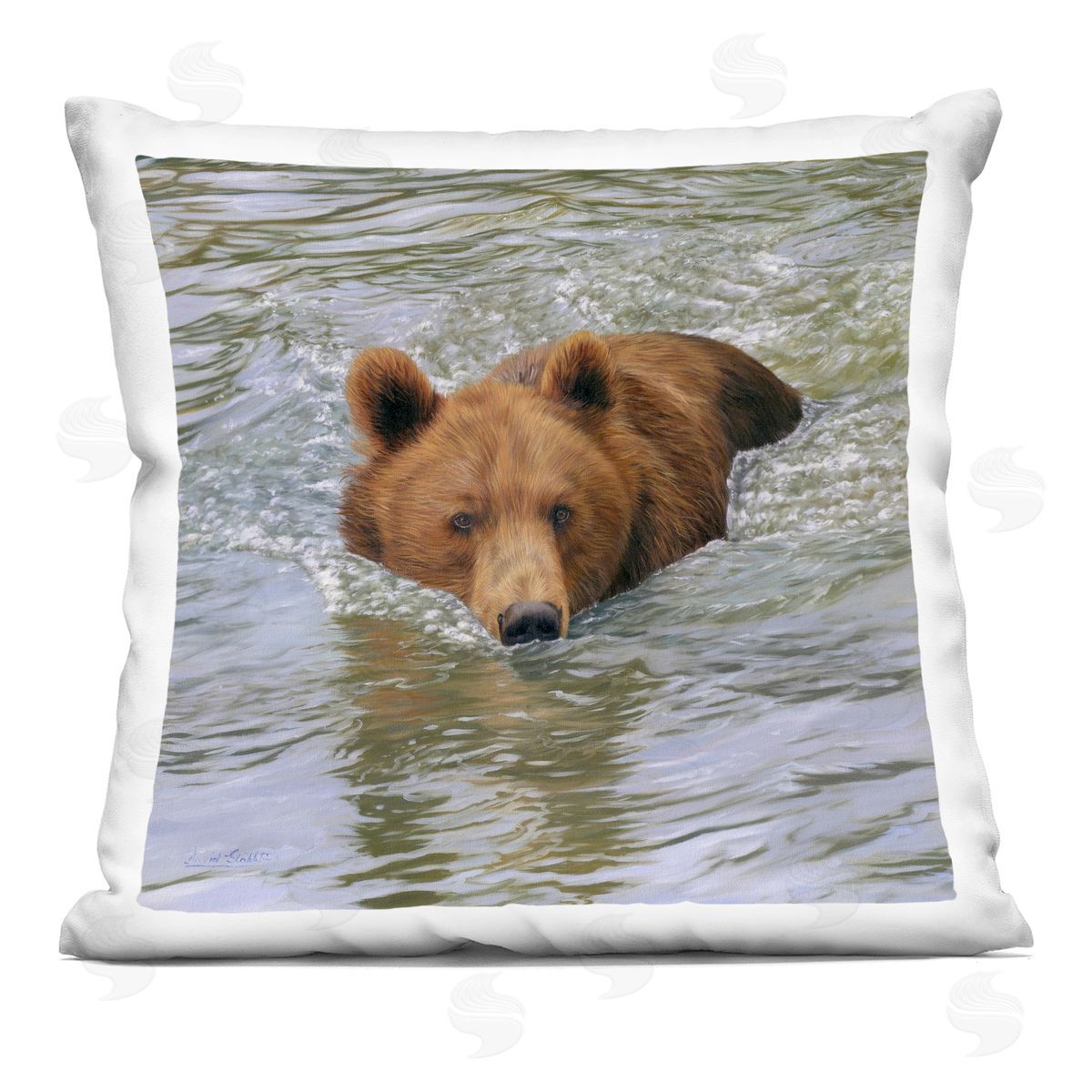 Swimming Wild Brown Bear Decorative Printed Pillow, Home Decor by Dave Stribbling
