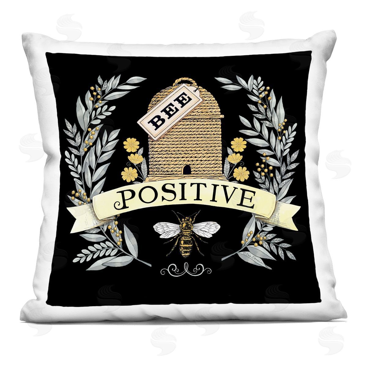 Bee Positive Botanical Hive Decorative Printed Pillow, Home Decor by Deb Strain