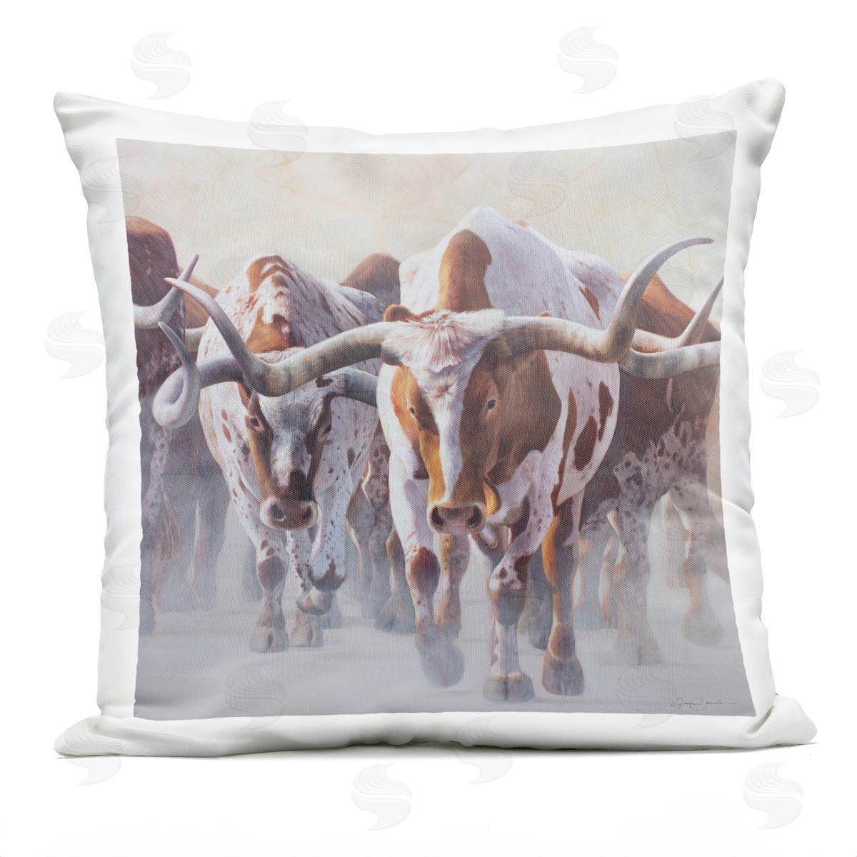 Longhorn Cattle Trotting Herd Outdoor Printed Pillow, Home Decor by James Corwin