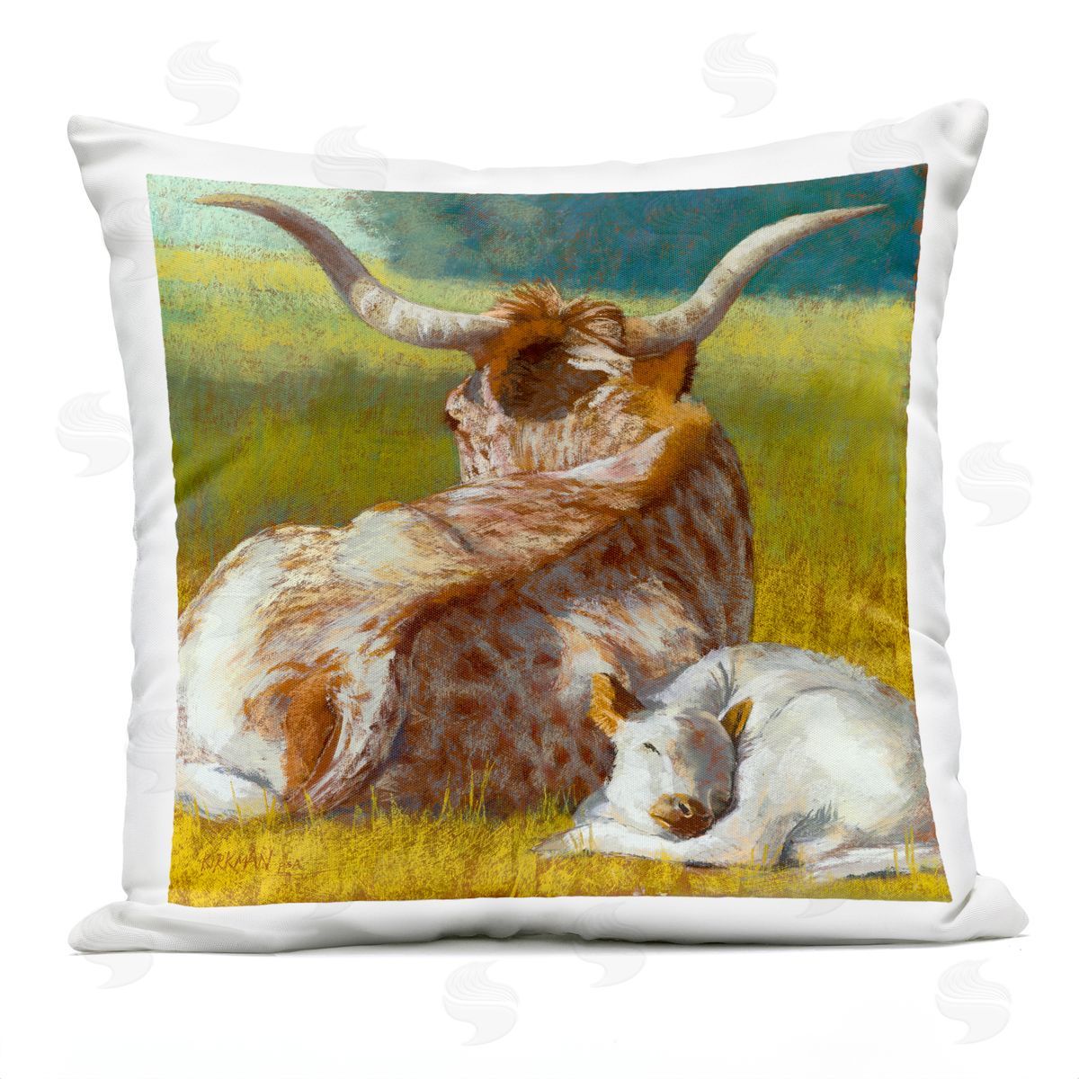 Longhorn Cattle Relaxing Landscape Outdoor Printed Pillow, Home Decor by Rita Kirkman