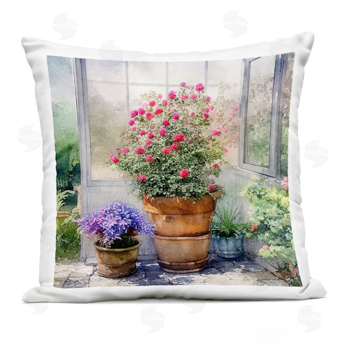 Sunlit Greenhouse Plant Garden Outdoor Printed Pillow, Home Decor by Alpenglow Workshop