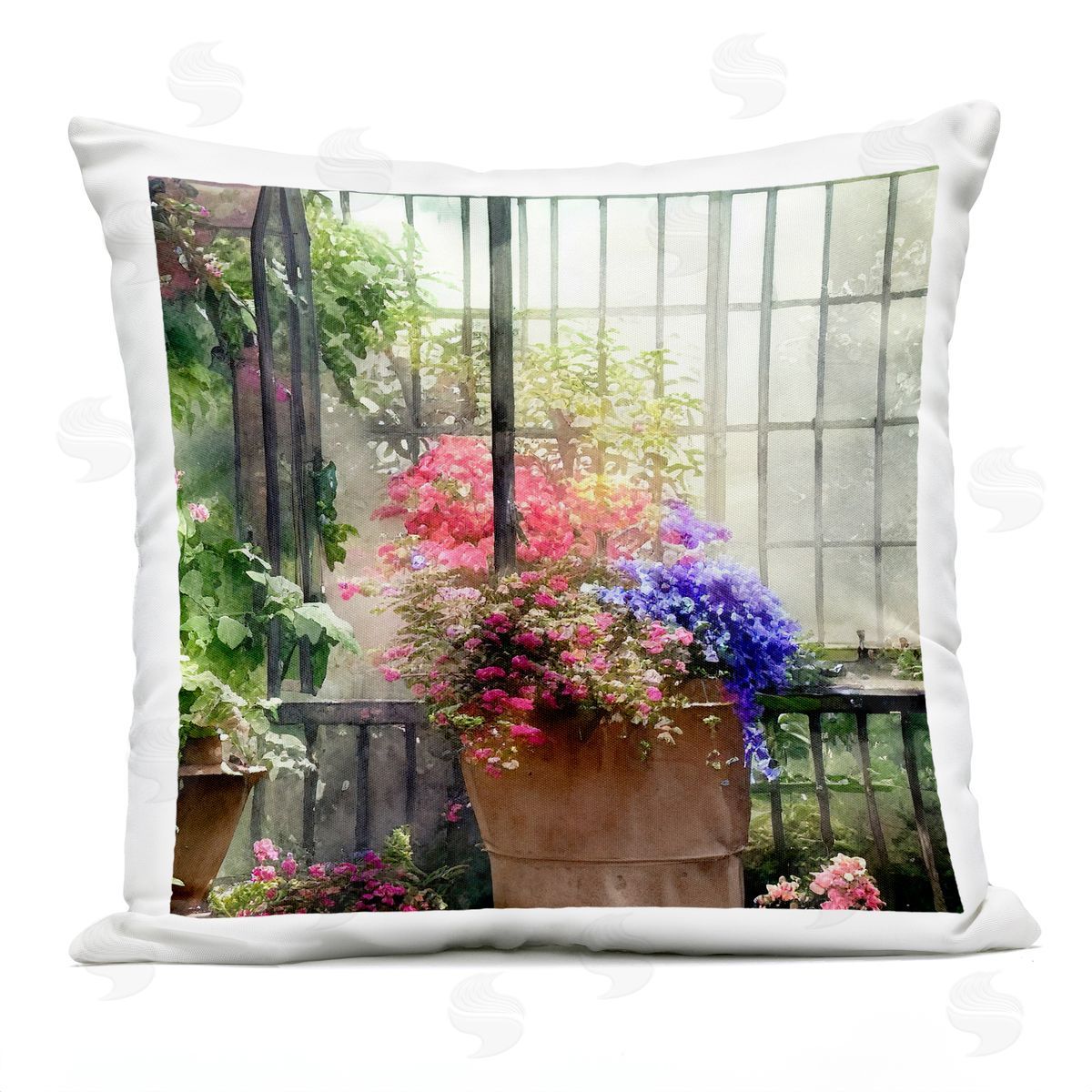 Pink Flower Garden Greenhouse Outdoor Printed Pillow, Home Decor by Alpenglow Workshop