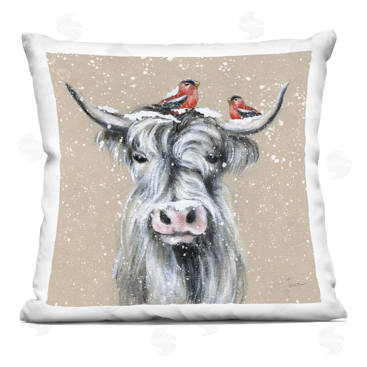 Winter Snowfall Birds Cattle Decorative Printed Pillow, Home Decor by Janet Tava
