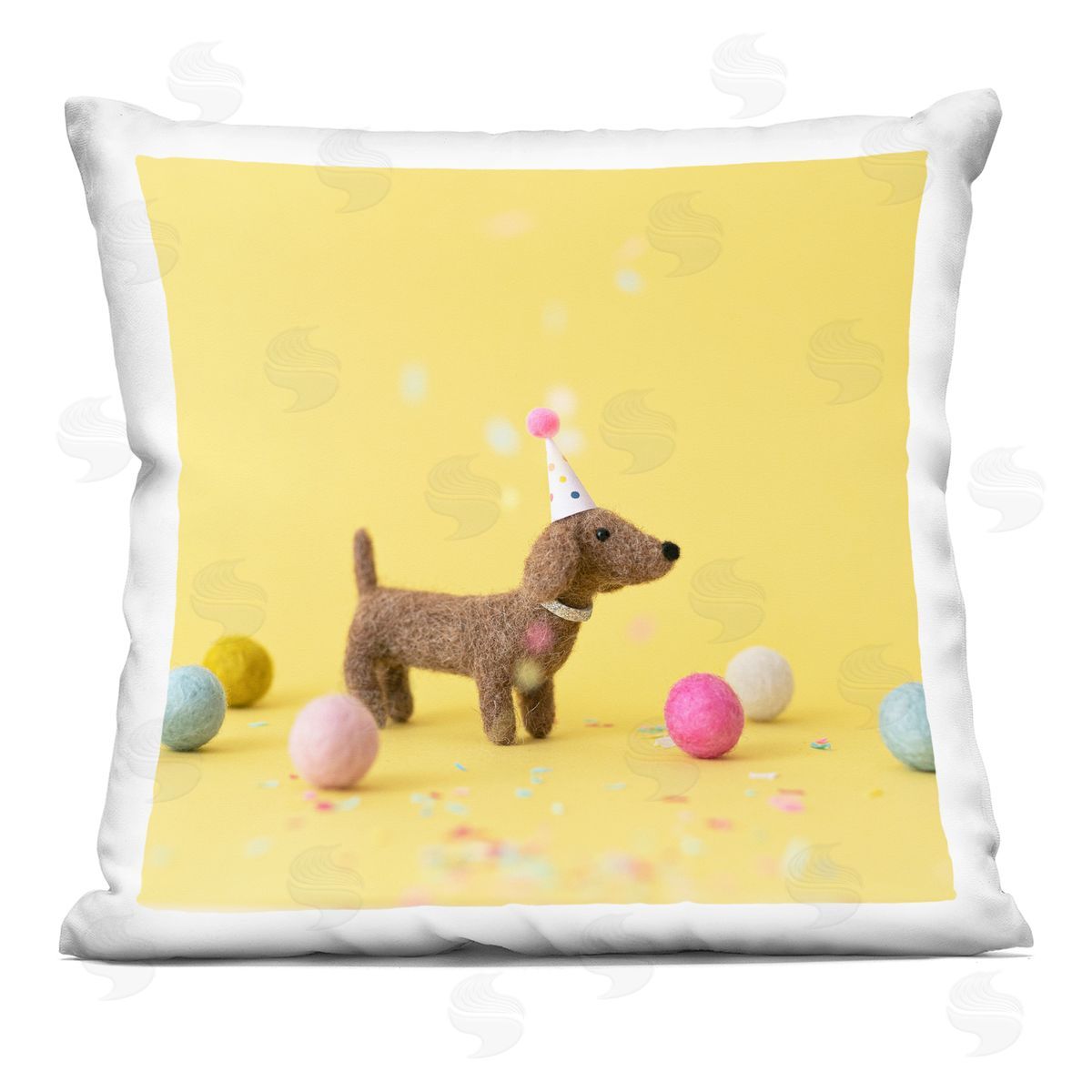 Happy Yellow Party Hat Dog Decorative Printed Pillow, Home Decor by Lemon & Sugar