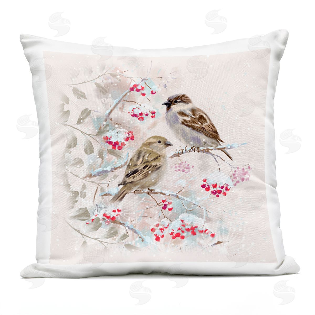 Winter Holly Branches Birds Outdoor Printed Pillow, Home Decor by Pip Wilson