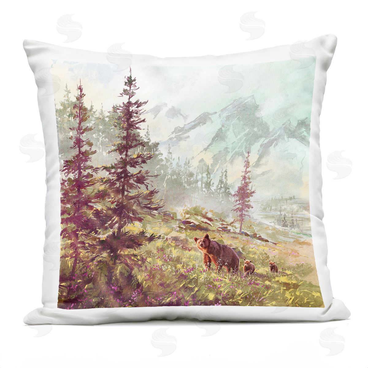 Bear Family Mountain Landscape Outdoor Printed Pillow, Home Decor by Pip Wilson