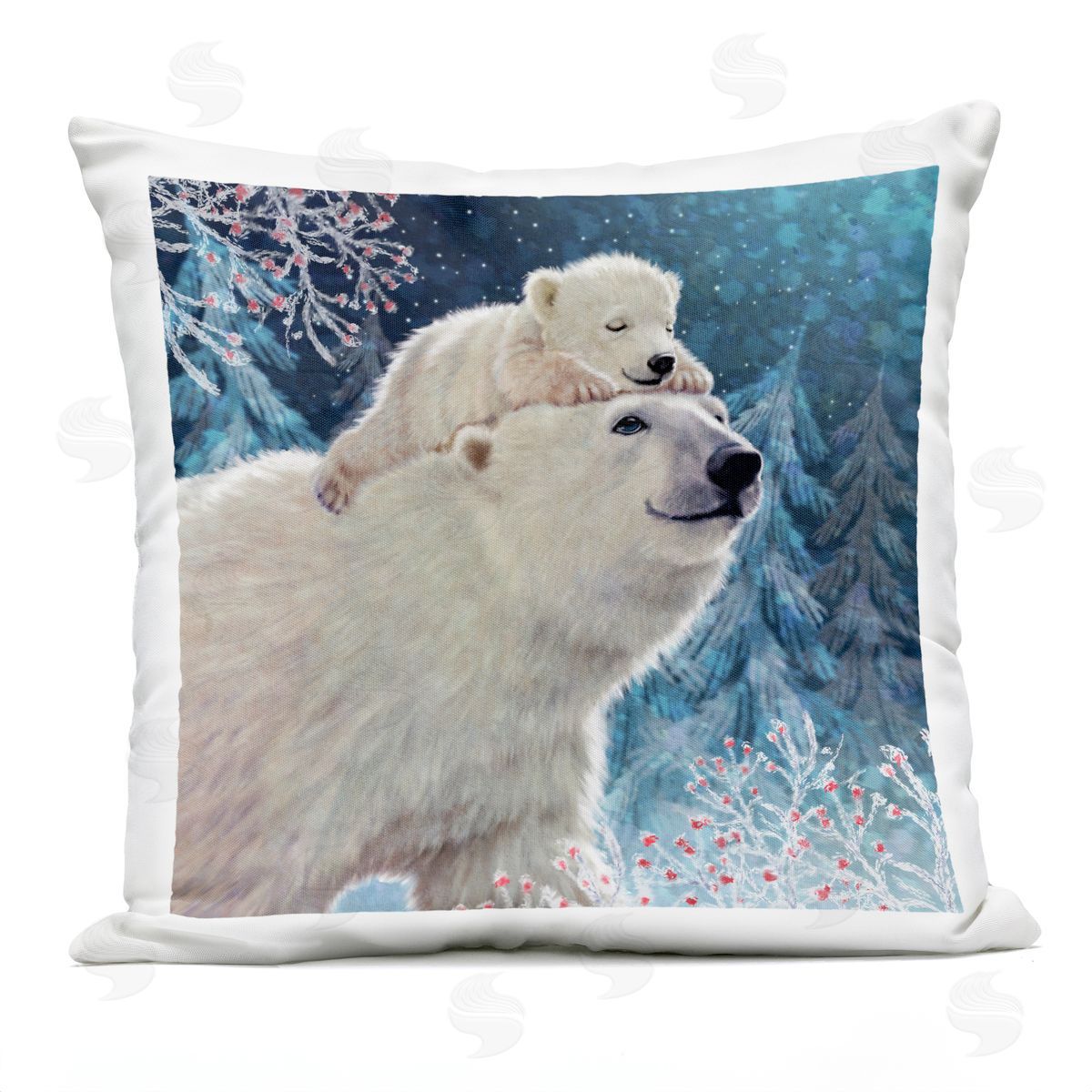 Smiling Polar Bears Winter Trees Outdoor Printed Pillow, Home Decor by Pip Wilson