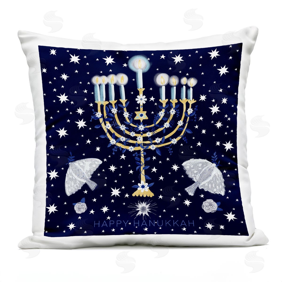 Happy Hanukkah Starry Pattern Menorah Outdoor Printed Pillow, Home Decor by Susse Linton