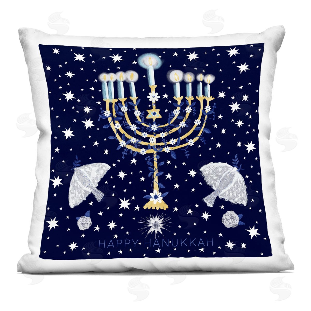 Happy Hanukkah Starry Pattern Menorah Decorative Printed Pillow, Home Decor by Susse Linton