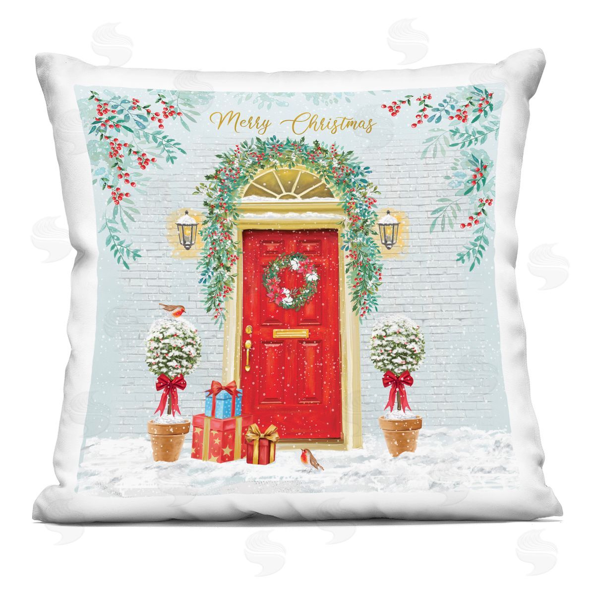 Merry Christmas Winter Doorway Decorative Printed Pillow, Home Decor by Jane Sunner