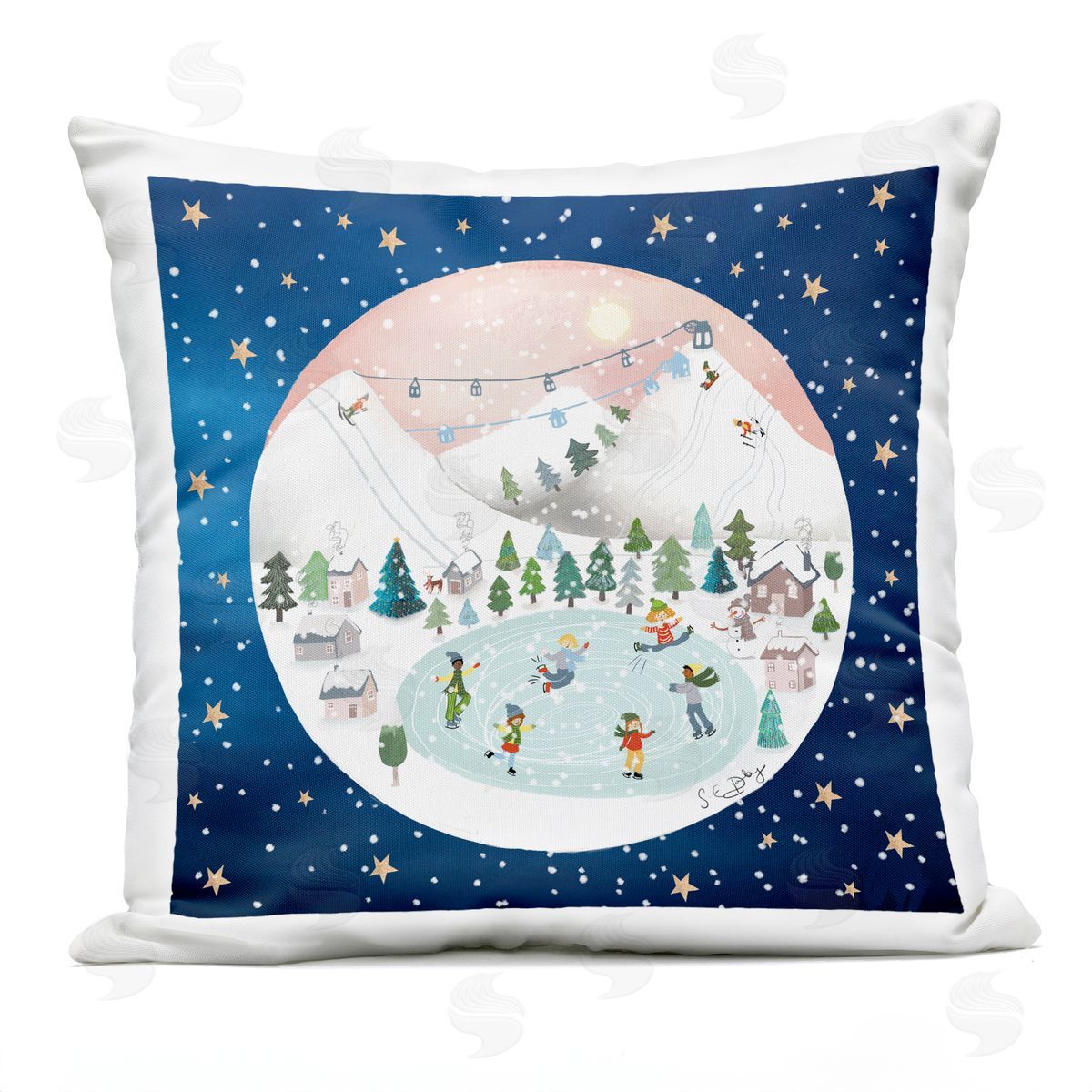 Winter Fun Ice Skating Scene Outdoor Printed Pillow, Home Decor by Sally Darby