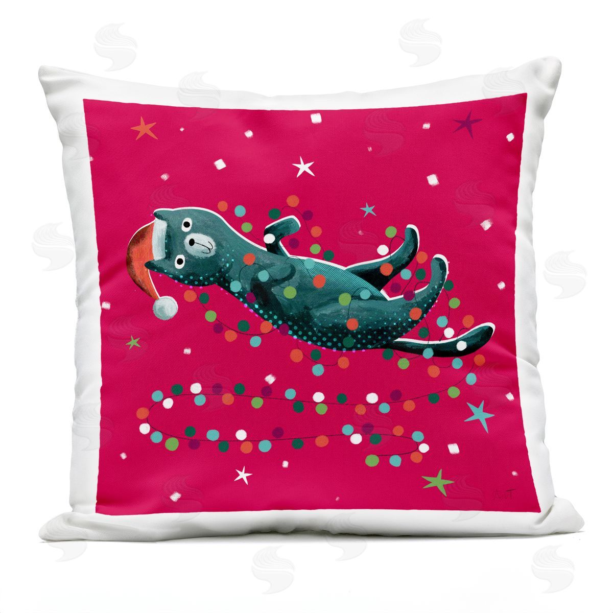 Funny Holiday Cat Christmas Lights Outdoor Printed Pillow, Home Decor by Andrew Thornton
