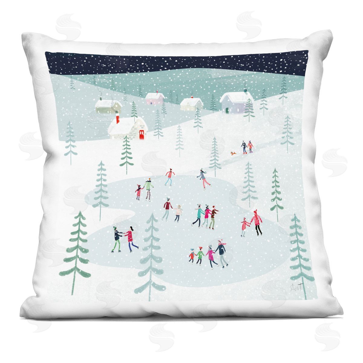 Winter Ice Skating Snowy Scene Decorative Printed Pillow, Home Decor by Andrew Thornton