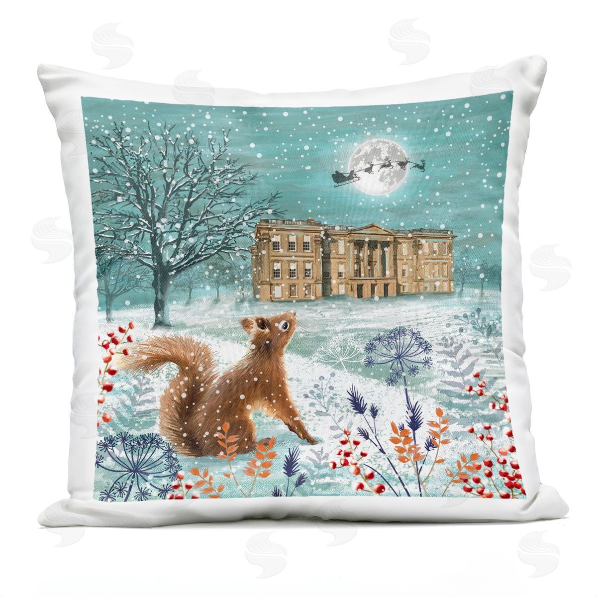 Squirrel Watching Santa Overhead Outdoor Printed Pillow, Home Decor by Jane Sunner