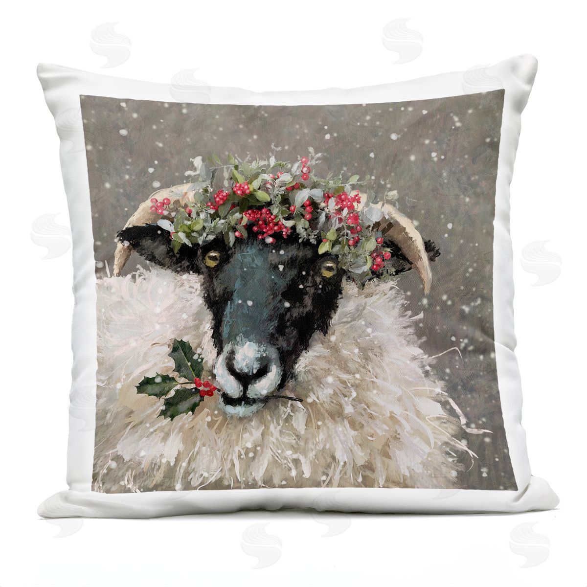 Snowy Holiday Sheep Holly Outdoor Printed Pillow, Home Decor by Pip Wilson
