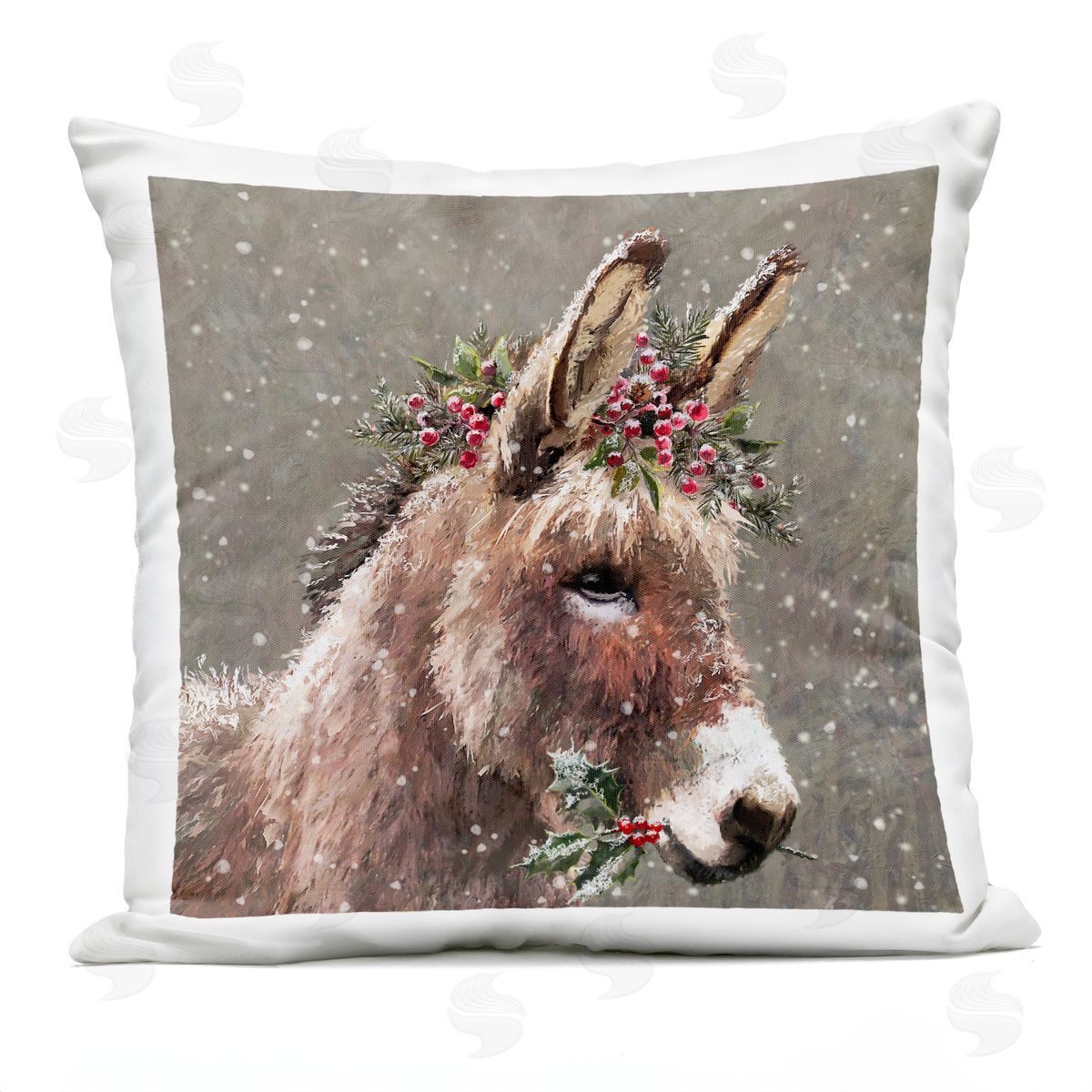 Festive Donkey Holly Berries Outdoor Printed Pillow, Home Decor by Pip Wilson
