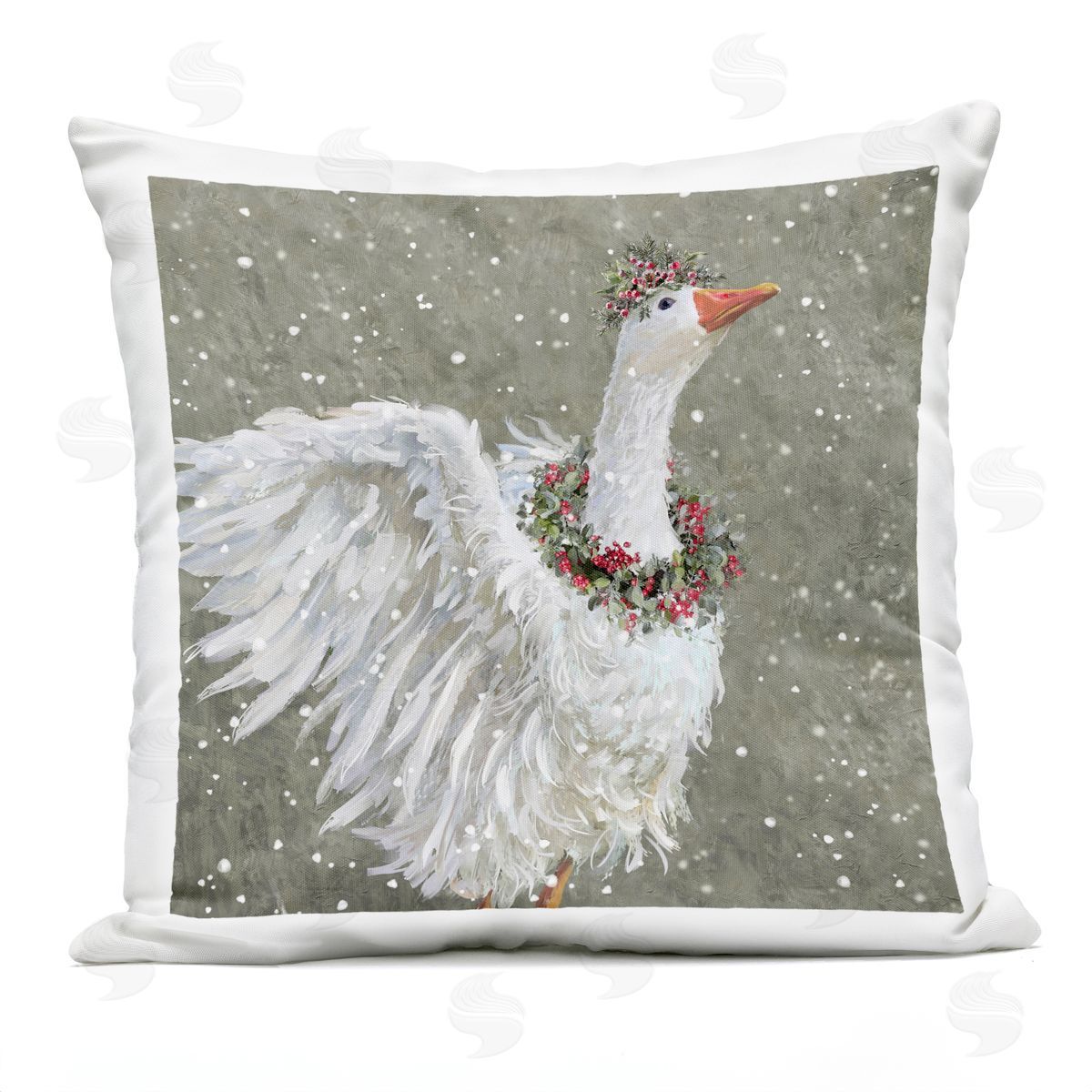 Festive Swan Snowy Holly Wreath Outdoor Printed Pillow, Home Decor by Pip Wilson