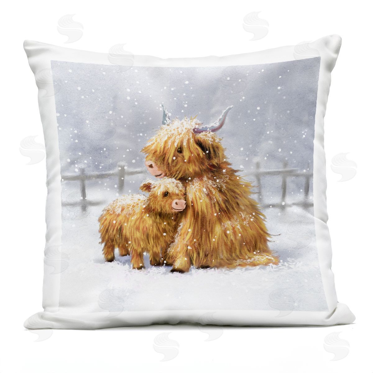 Cuddling Cattle Snowflakes Farm Outdoor Printed Pillow, Home Decor by Pip Wilson