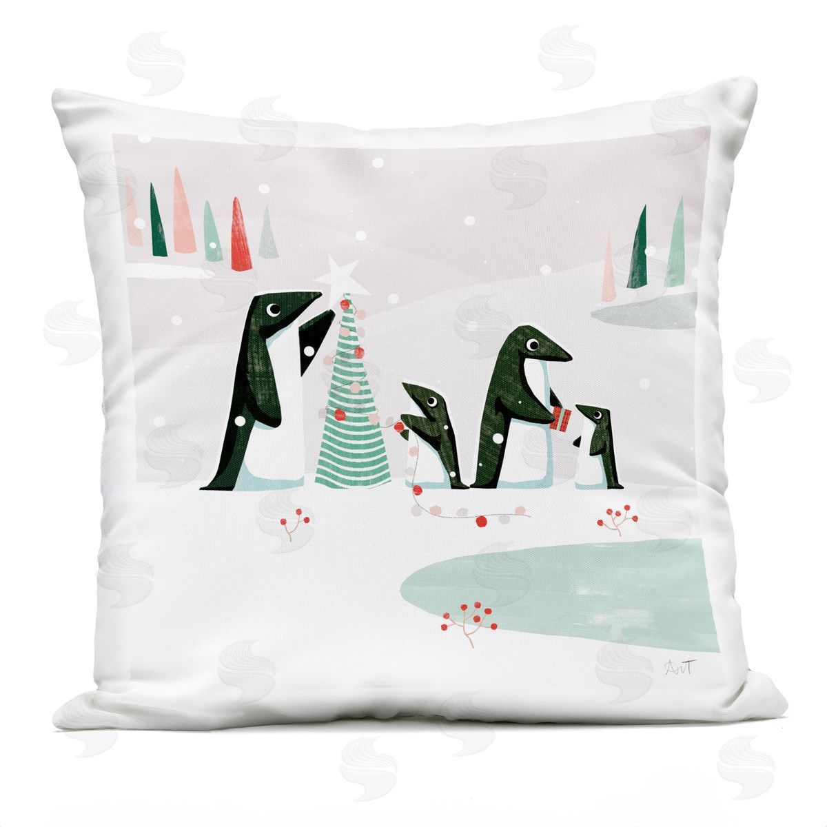 Penguins Gift Exchange Winter Outdoor Printed Pillow, Home Decor by Andrew Thornton
