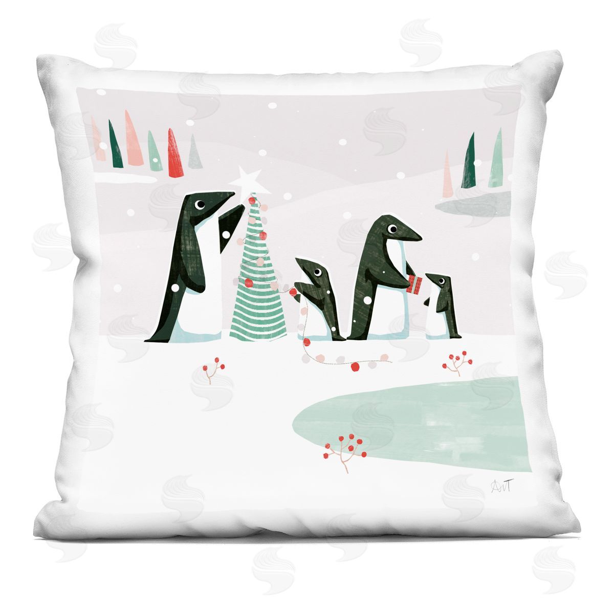 Penguins Gift Exchange Winter Decorative Printed Pillow, Home Decor by Andrew Thornton