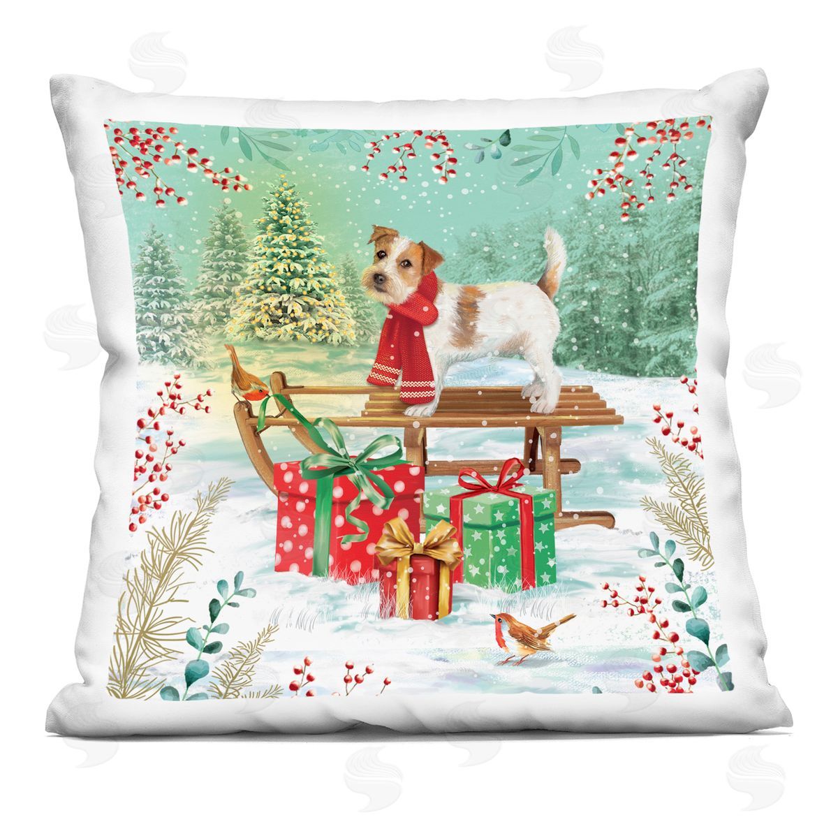 Festive Puppy Gift Sleigh Decorative Printed Pillow, Home Decor by Jane Sunner