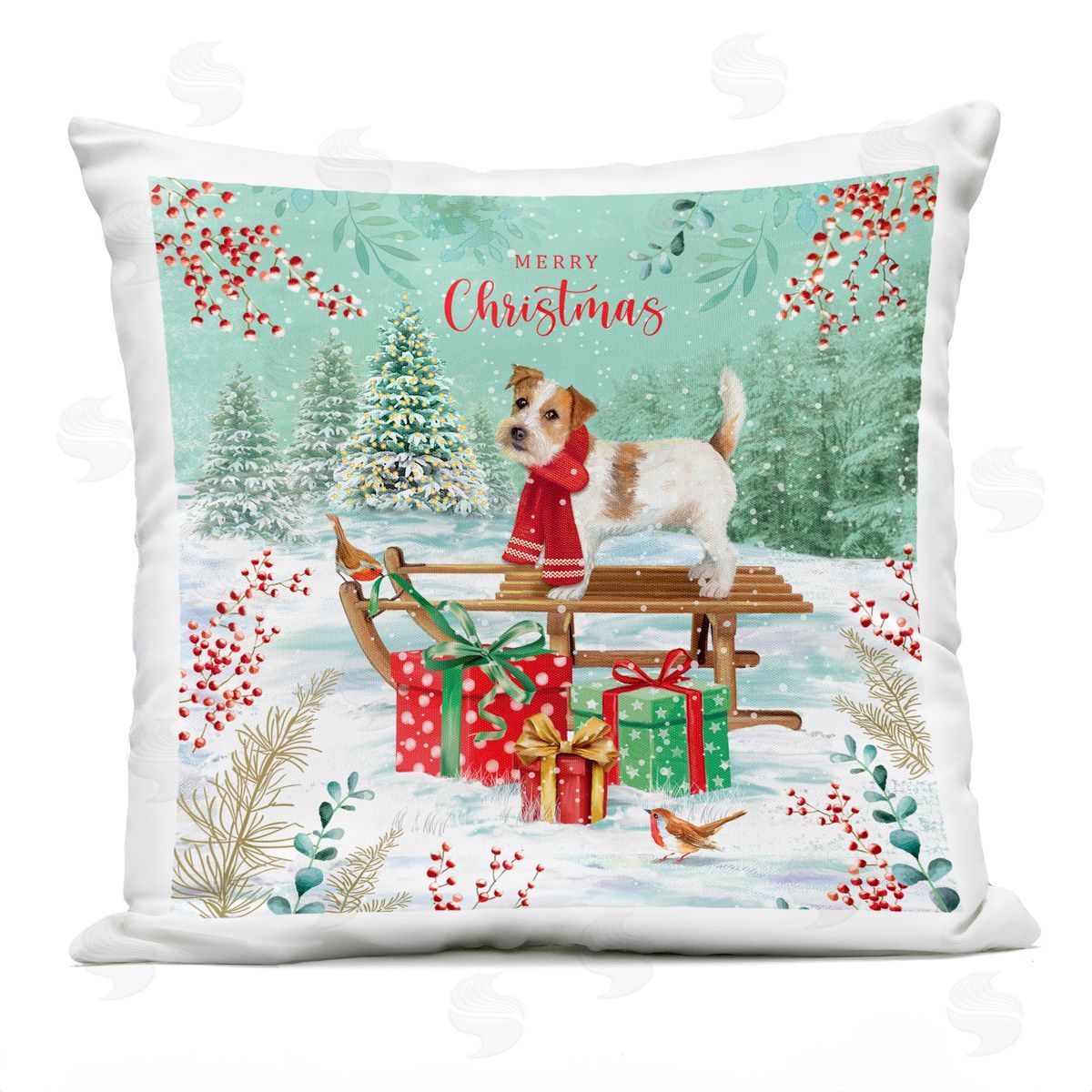 Merry Christmas Dog Sled Outdoor Printed Pillow, Home Decor by Jane Sunner