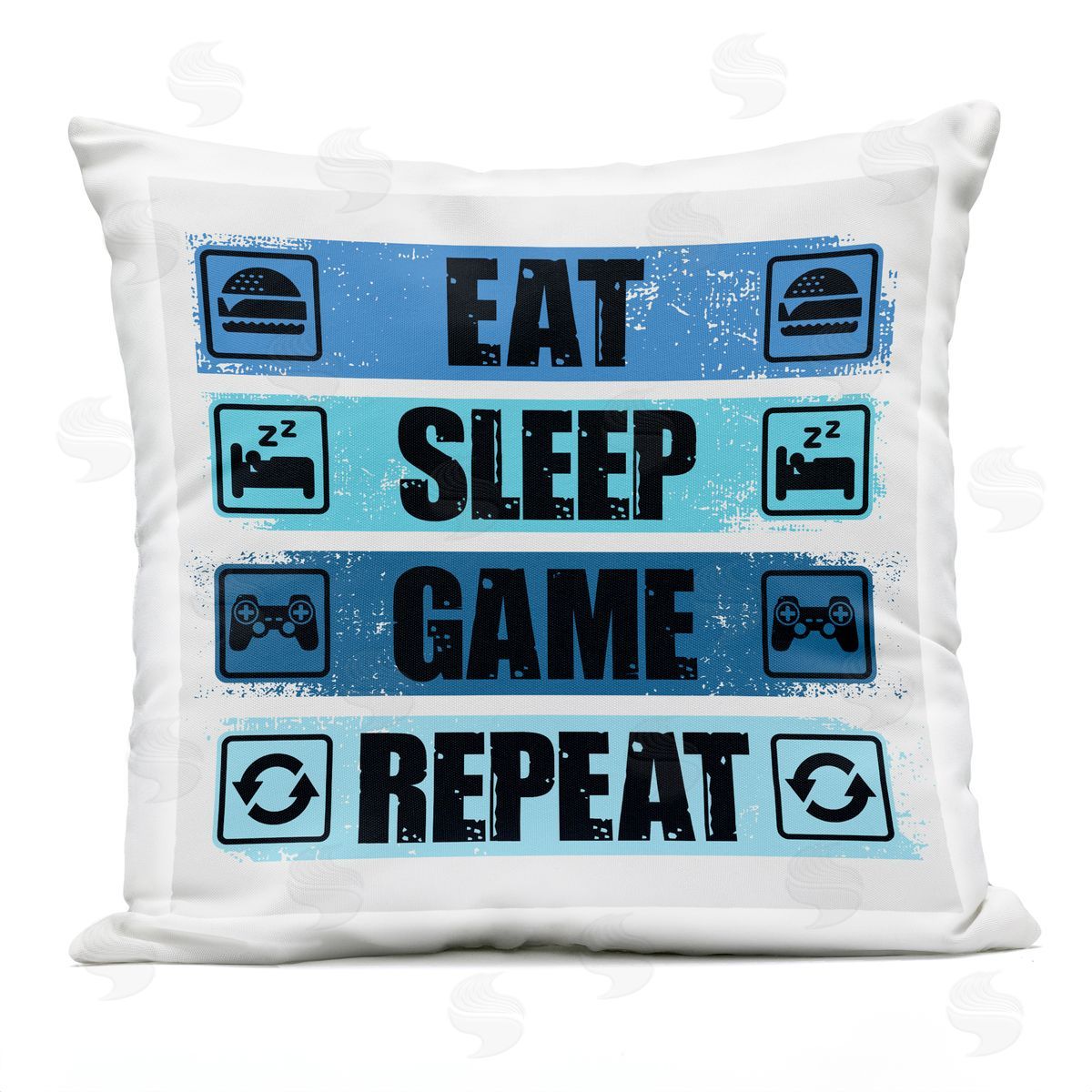 Eat Sleep Game Repeat Blue Phrase Outdoor Printed Pillow, Home Decor by Angela Nickeas