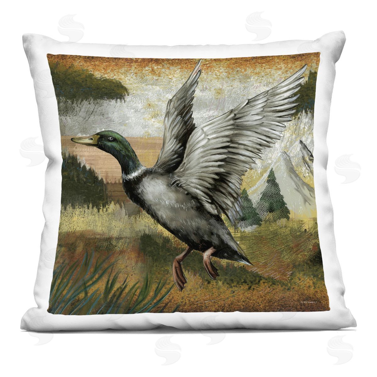 Mallard Duck Flying Landscape Decorative Printed Pillow, Home Decor by Ed Wargo