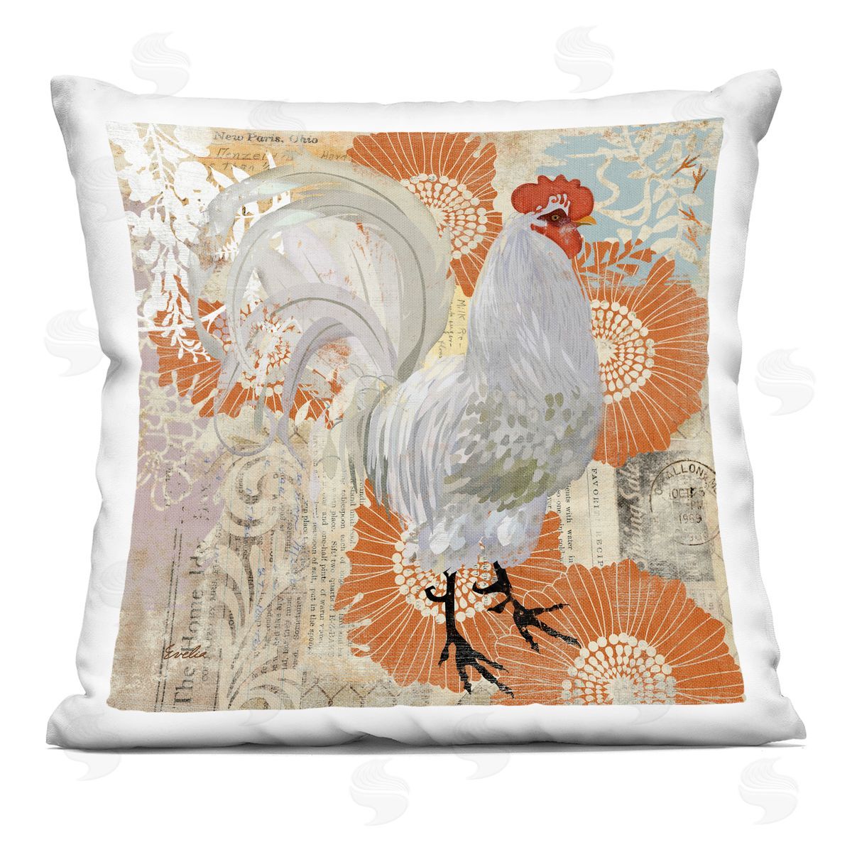 Country Hen Floral Layers Decorative Printed Pillow, Home Decor by Evelia Designs