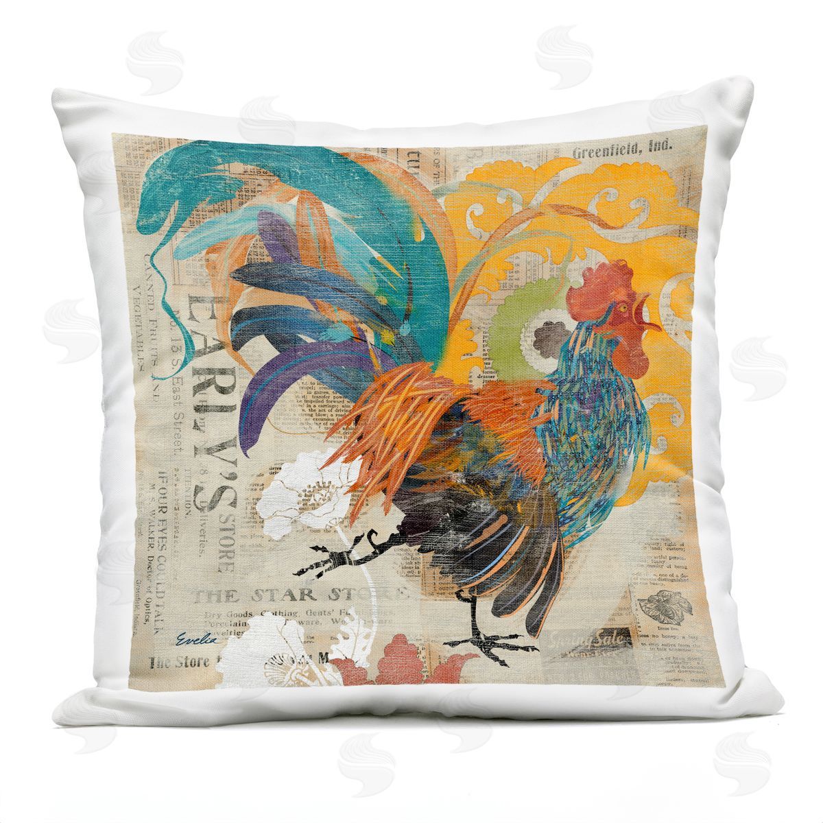 Vintage Rooster Botanical Pattern Outdoor Printed Pillow, Home Decor by Evelia Designs