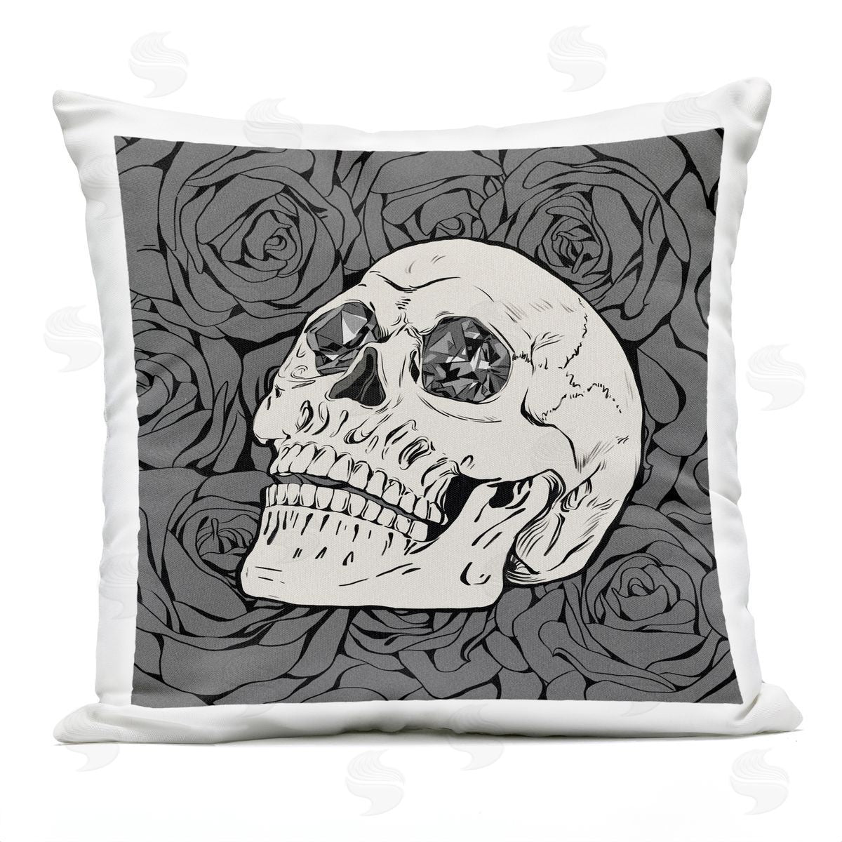 Monochrome Goth Skull Roses Outdoor Printed Pillow, Home Decor by Ziwei Li